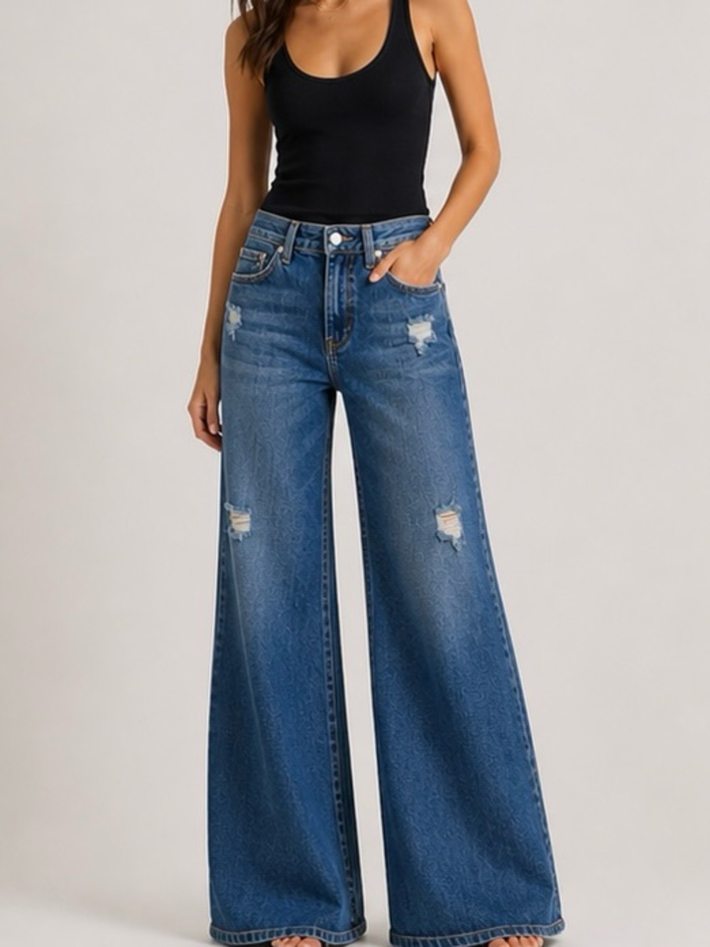ROOTED Denim Wide Legs Flare Jeans Junior's‎ 7 29.5" Distressed Medium Wash